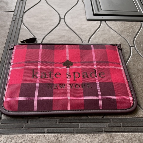 Kate Spade Ella Plaid Bright Rose Large Zip Pouch Clutch - Picture 2 of 16